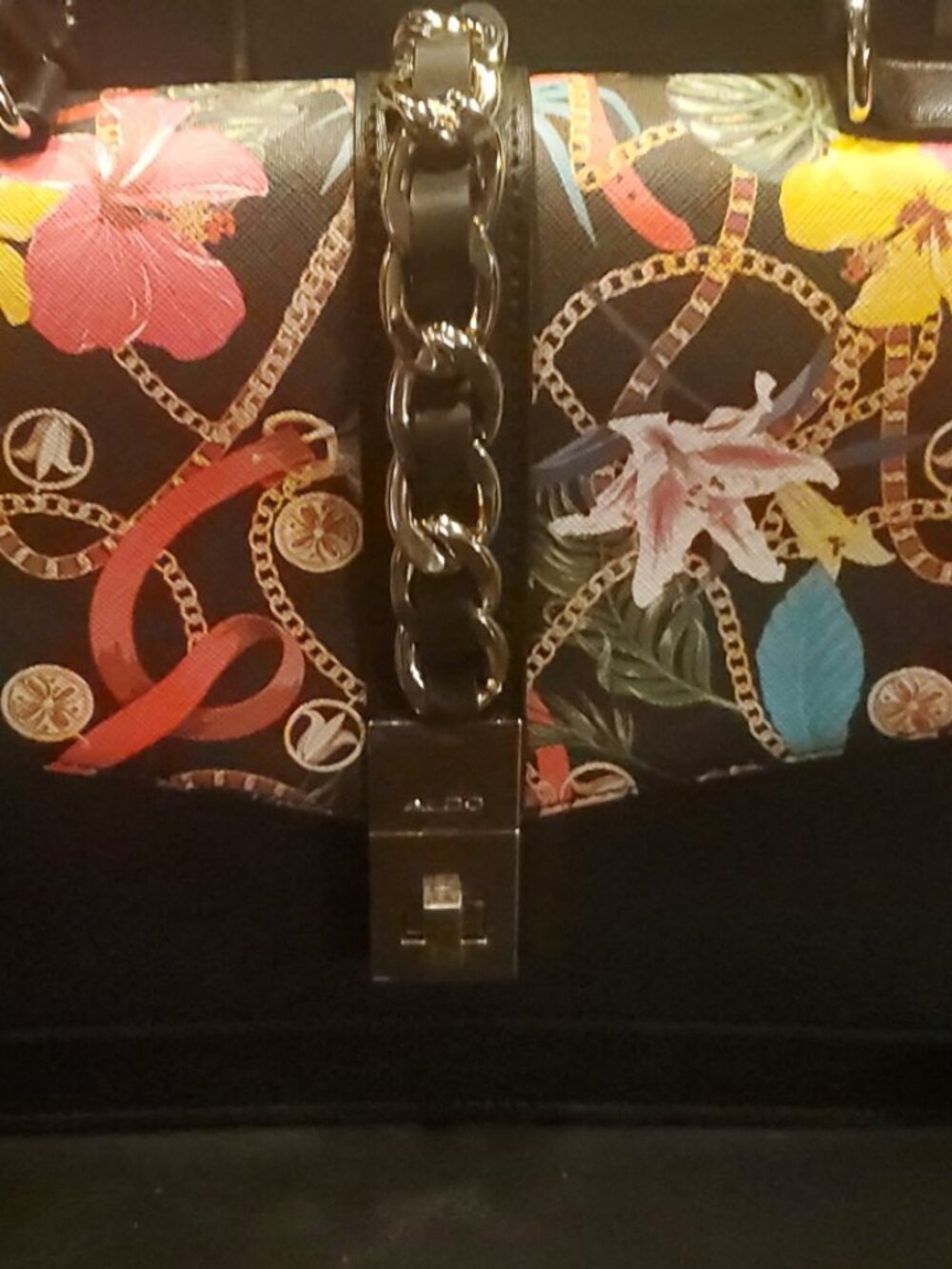ALDO Floral Chain Print Structured Crossbody Shoulder Bag Black